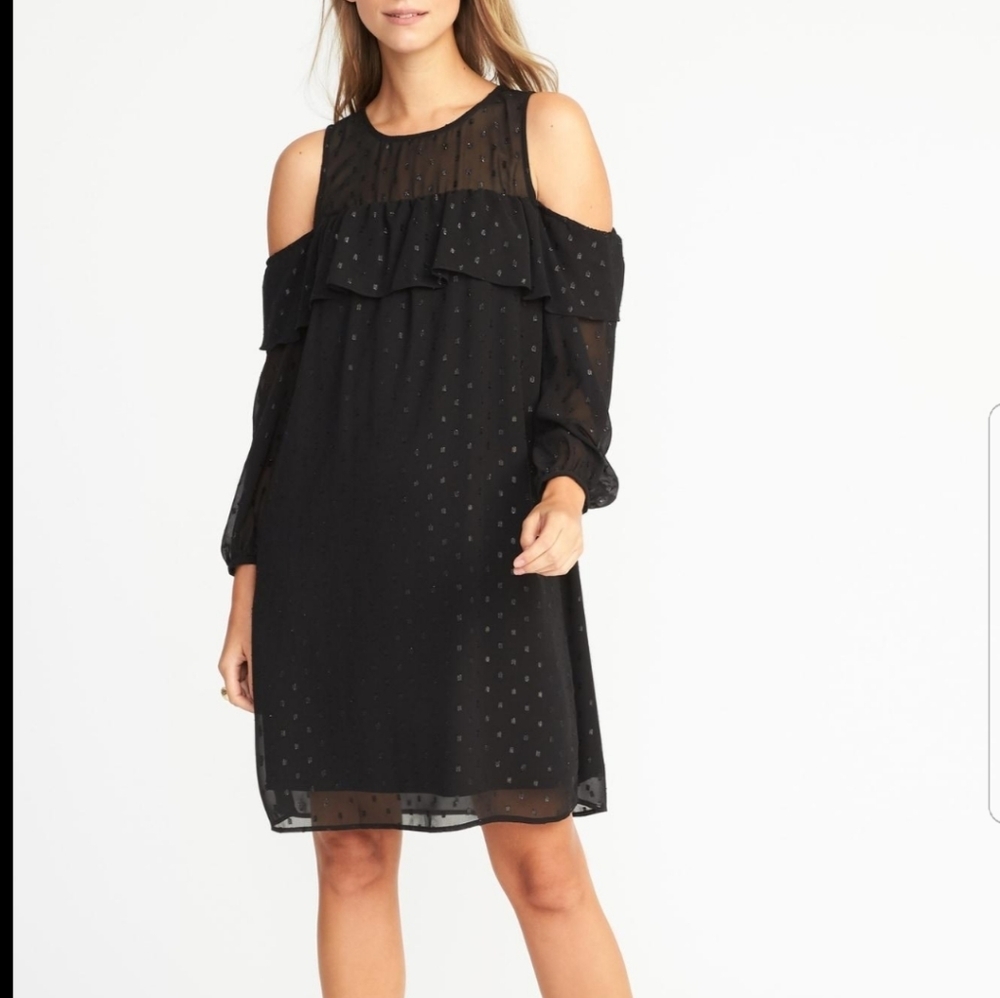 Old navy Date Night Party Black glitter Swiss Dot Cold Shoulder Shift dress Med